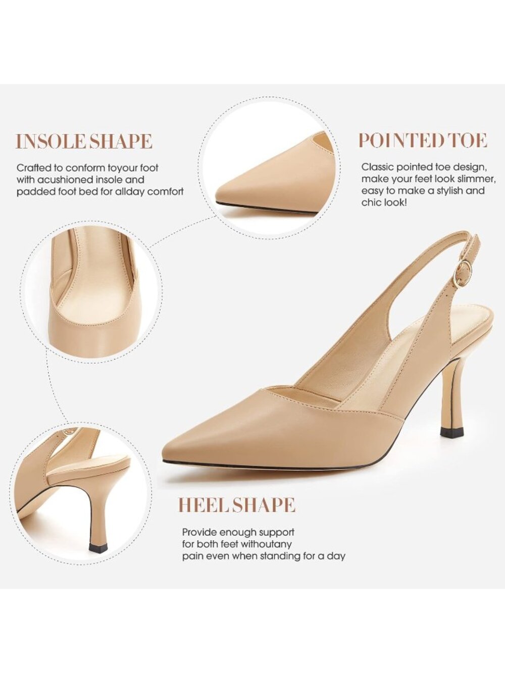 Women's Light Khaki Pu Slingback Kitten Closed Pointed Toe Backless Shoes Heels - Picture 5 of 6